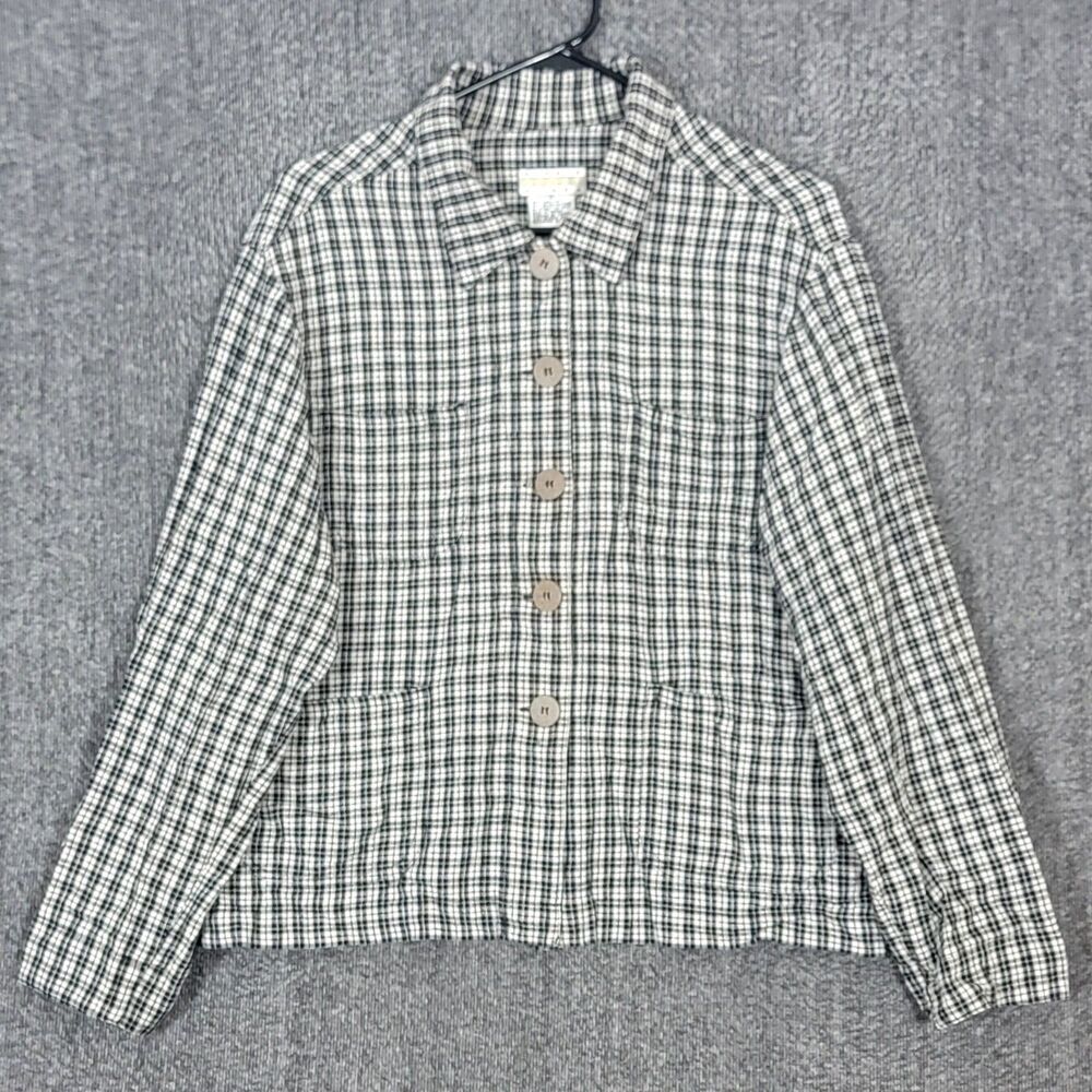 Sigrid Olsen Sport Shirt Jacket Womens M Black White Plaid Linen Blend Lagenlook